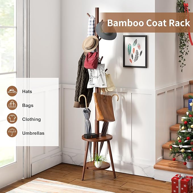 FILWH Freestanding Coat Rack with Umbrella Organizer Tray Bamboo Coat Tree Rack with 8 Hook Stand for Clothes Bag Hats Entryway Hanger Stand(Brown)-DeskLoop Office