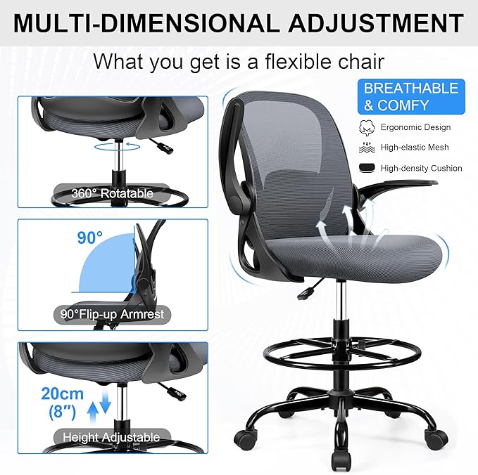 Drafting Chair Tall Office Chair with Flip-up Armrests, Adjustable Height, Enhanced Lumbar Support Ergonomic Rolling Stool, Back Support, Adjustable Foot Rest Ring for Standing Desk Dark Gray-DeskLoop Office