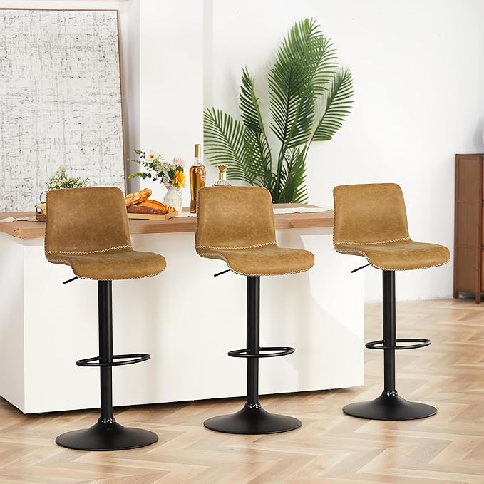 HeuGah Bar Stools Set of 3, Swivel Counter Height Barstools with Back, Adjustable Height 24" to 32", Whiskey Brown Faux Leather Bar Chairs for Kitchen Island (Whiskey Brown, Set of 3 (24'' to 32''))-DeskLoop Office