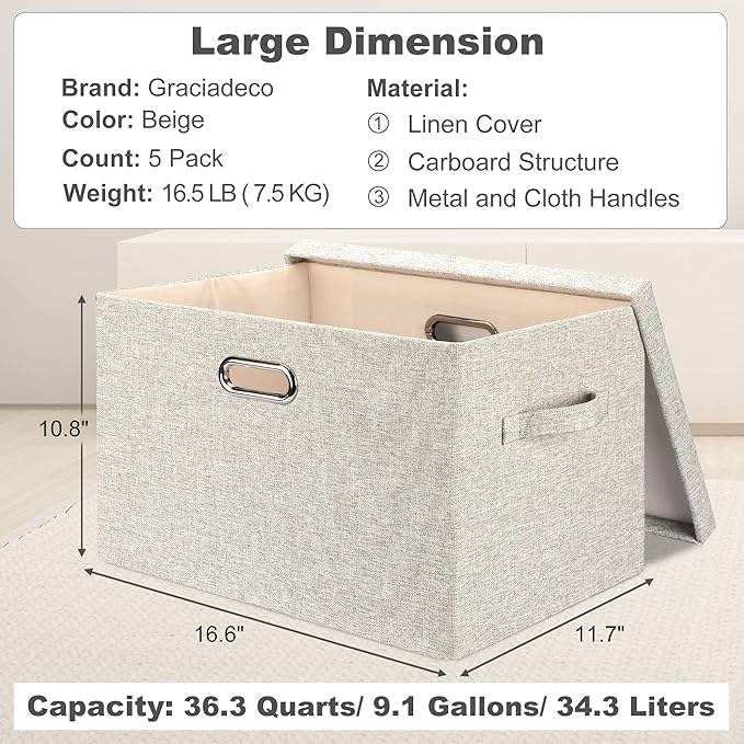Large 17" 36 Quart Collapsible Stackable Storage Bins with Lids, 5 Packs Beige Linen Fabric Closet Boxes with Lids, Storage Cube Baskets Container Organizers for Bedroom Office(17 x12 x11)-DeskLoop Office