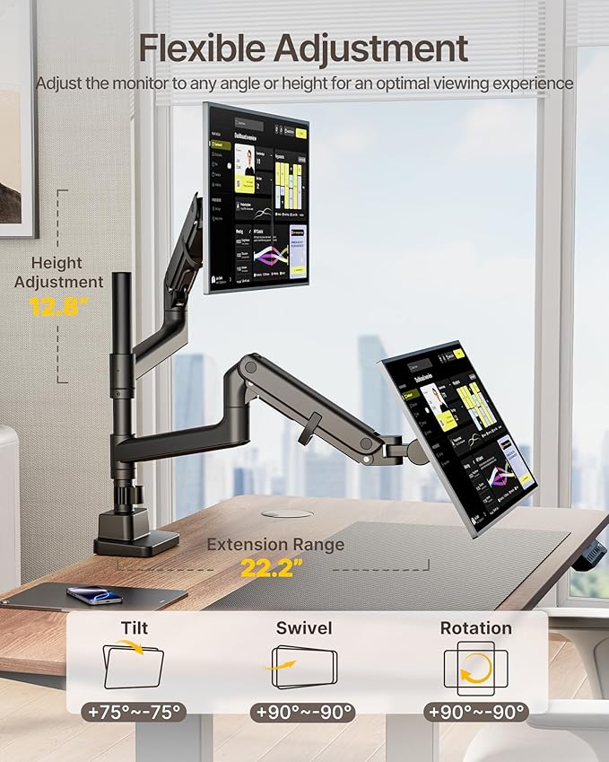 monTEK Dual Monitor Arm for up to 57" and 59.4 lbs Ultrawide Screen, Aluminum Heavy-Duty Gas Spring Vertical Stackable Curved Screen Adjustable Monitor Stand, 75/100mm Vesa Mount, Black-DeskLoop Office