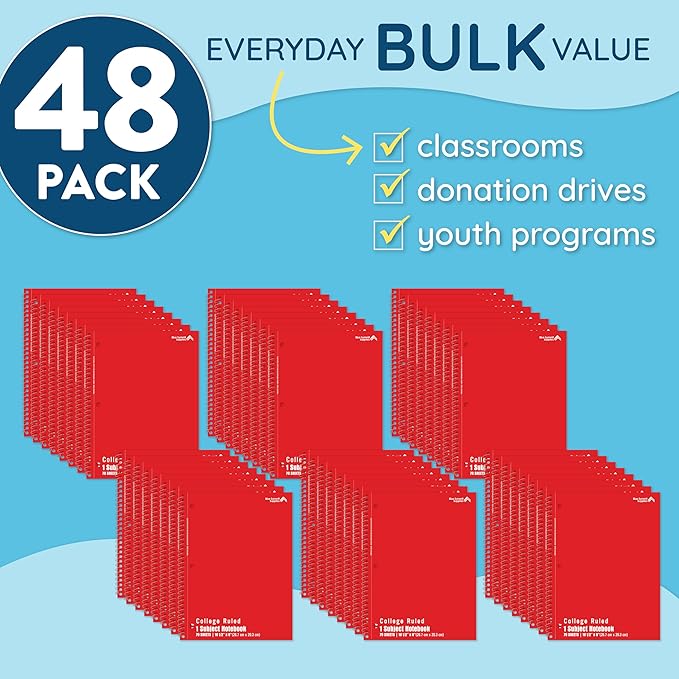 Blue Summit Red Spiral Notebooks Bulk, One Subject Spiral Notebook College Ruled, Perforated Notebook, 8 x 10.5 for Work and School, Paper, College Ruled, Bulk 48 Pack-DeskLoop Office