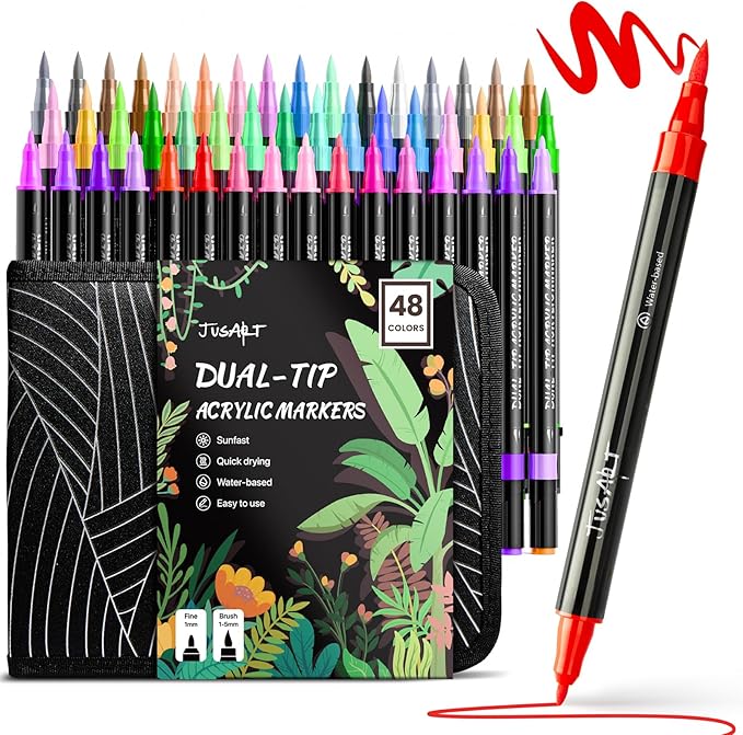 JusArt 48 Colors Acrylic Paint Markers Set With Bag, Dual Tip with Brush Tip and Fine Tip Paint Pens for Rock Painting, Wood, Egg, Canvas, Glass, Stone, Ceramic, DIY Crafts Professional Art Supplies-DeskLoop Office