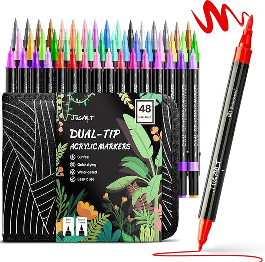 JusArt 48 Colors Acrylic Paint Markers Set With Bag, Dual Tip with Brush Tip and Fine Tip Paint Pens for Rock Painting, Wood, Egg, Canvas, Glass, Stone, Ceramic, DIY Crafts Professional Art Supplies-DeskLoop Office