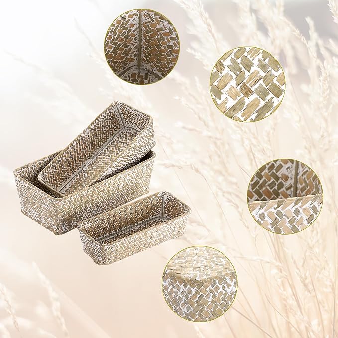 3 Natural Wicker Baskets Set Rectangular Handwoven Seagrass Basket Storage Bins - Image 5