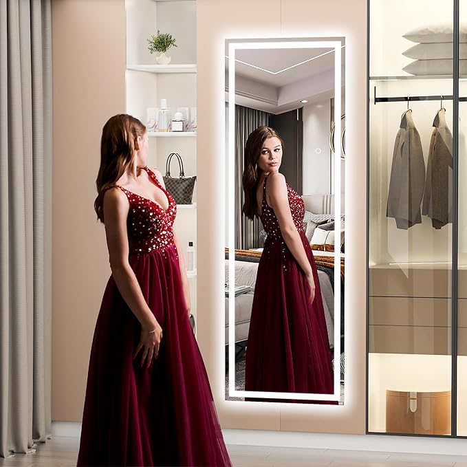Hasipu Full Length Mirror with Lights, 56" x 15.8" LED Floor Mirror, Full Body Dressing Standing, Hanging Mounted Mirror for Living Room Bedroom Cloakroom, Square White-DeskLoop Office