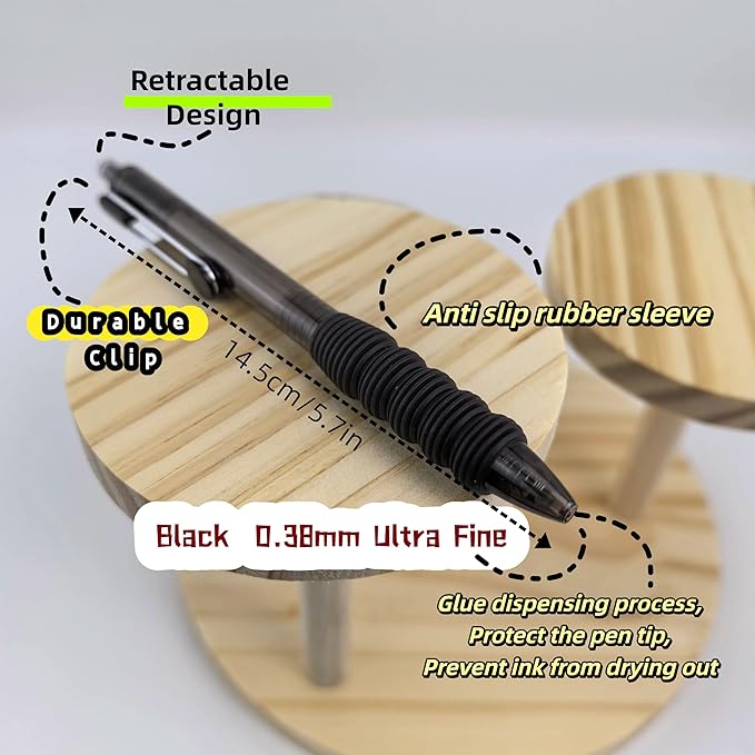 Fengtaiyuan Black Ink, 0.38mm, Retractable Gel Ink Rollerball Pens, Ultra Fine, Comfortable Grip, Easy Hold, Writting Smooth, 18 Pack (BlackZS038P18)