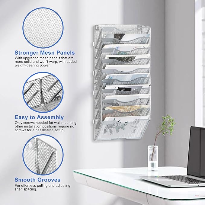 EasyPAG Wall File Organizer for Office 10 Pocket Mesh Wall Mounted Paper - Image 3