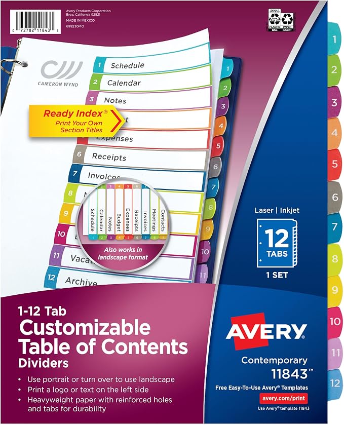 Avery Dividers for 3 Ring Binders, 12 Tabs per Set, Customizable Table of by Avery