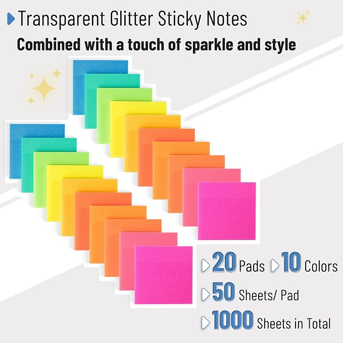 Mr. Pen- Transparent Glitter Sticky Notes, 20 Pads, 1000 Sheets | Glitter - Image 2