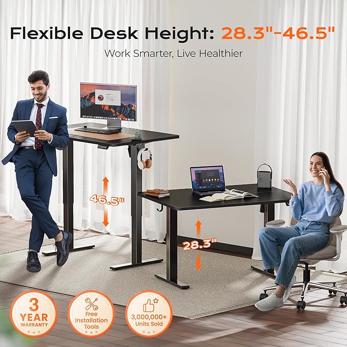 Huuger 48 x 28 Large Electric Standing Desk, Height Adjustable Desk, 27.6" Deep Desktop, Stand up Gaming, 2 Hooks, 3 Preset Heights, for Home Office, Black-DeskLoop Office