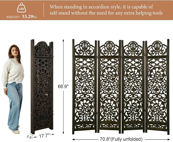 5.75Ft Room Divider Wood Screen, 33Lbs Durable MDF Carved Rustic Style Headboard - Image 5