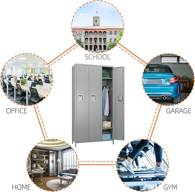 Metal Storage Locker with 3 Doors,Metal Locker for Employees with 9 Hooks for School Garage Office Gym Home,Assembly Required,Light Grey-DeskLoop Office