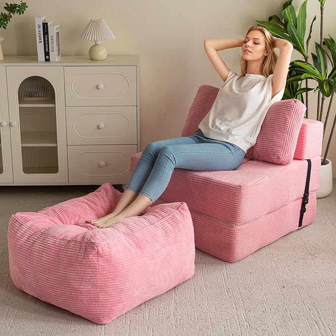 HIGOGOGO Square Stuffed Pouf Ottoman, Corduroy Poufs with Foam Chunk Filling, Furry and Fluffy Pouf Foot Stool Storage Ottoman, 21 X 21 Floor Poufs Foot Rest for Living Room, Pink-DeskLoop Office