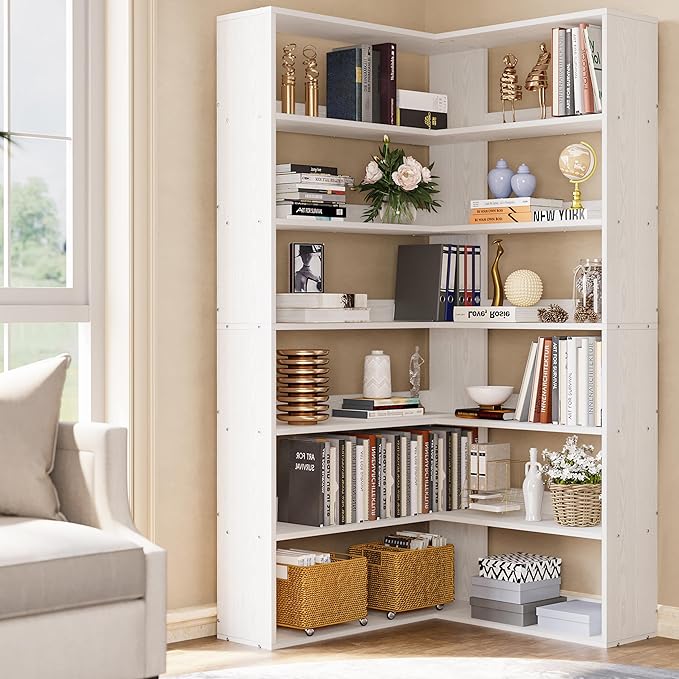 IRONCK Bookshelves 6 Tiers with Baffles Industrial Large Corner Etagere Bookcase Storage Display Rack for Living Room Home Office-DeskLoop Office