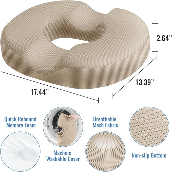 CloudBliss Donut Pillow Seat Cushion Chair Pad for Tailbone Pain Relief and Hemorrhoids, Memory Foam Seat Chair Cushion for Men and Women for Home & Office, (Khaki)-DeskLoop Office