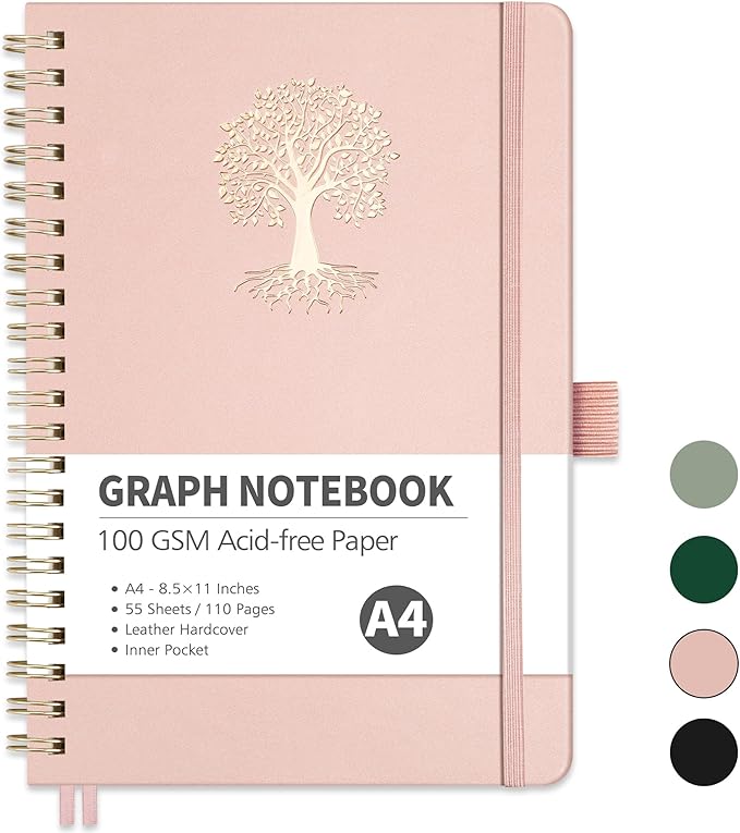 RETTACY Graph Grid Paper Notebook, 110 Pages, A4 Large Size (8.5'' × 11''), 5 Squares per Inch, Leather Hardcover, 100 GSM Thick Paper, for School, Students, Math, Engineering (Rose Gold)-DeskLoop Office