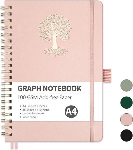 RETTACY Graph Grid Paper Notebook, 110 Pages, A4 Large Size (8.5'' × 11''), 5 Squares per Inch, Leather Hardcover, 100 GSM Thick Paper, for School, Students, Math, Engineering (Rose Gold)-DeskLoop Office