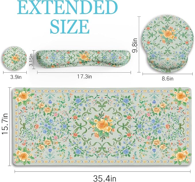 LIMKRIAN Floral Desk Mat Set, Cute Green Mouse Pad - Image 6