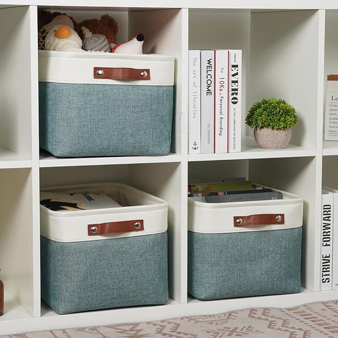 DULLEMELO Storage Baskets for Organizing,Rectangular Fabric Storage Bins with Handles for Office,Bedroom(3-Pack -15 inch X 11 inch X 9.5 inch, White&Dark Green)-DeskLoop Office