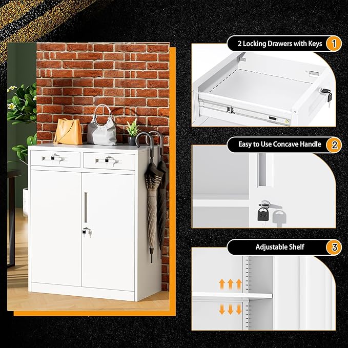 Greenvelly Metal Storage Cabinet, 42' White Steel Garage Cabinet with 2 Doors, Adjustable Shelves, Locking for Office, School or Tool Organization-DeskLoop Office