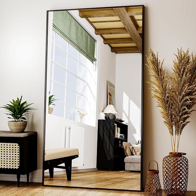Full Length Mirror with Stand - 38"x77" Full Body Mirror for Floor, Wall Hanging or Leaning - Aluminum Alloy Frame for Living Room, Bedroom, Cloakroom - Black-DeskLoop Office