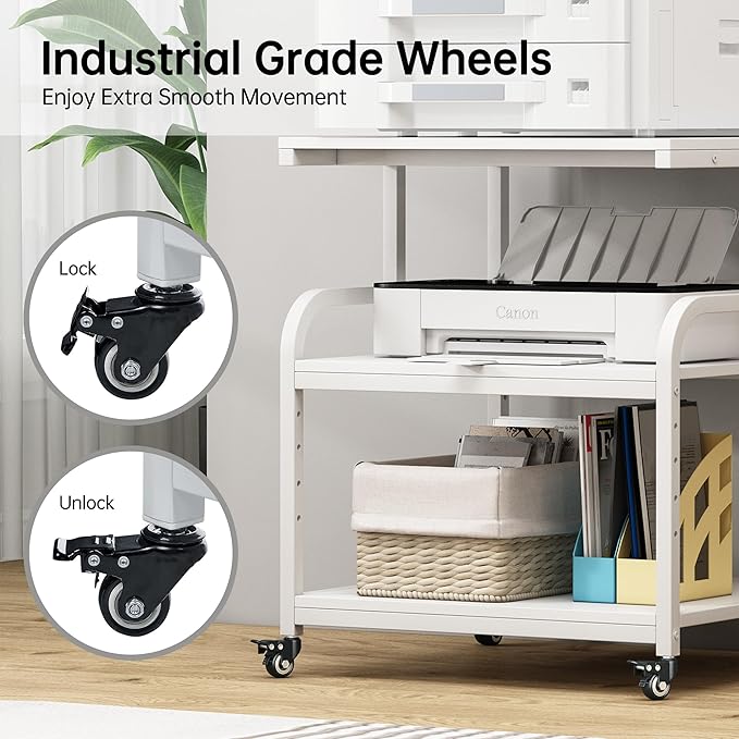 Printer Stand, 25.6" x 23.6" x 30.9" Extra Large Printer Table with Adjustable Storage Shelf, 3 Tier Rolling Printer Cart with Industrial Wheels for Home Office, White-DeskLoop Office
