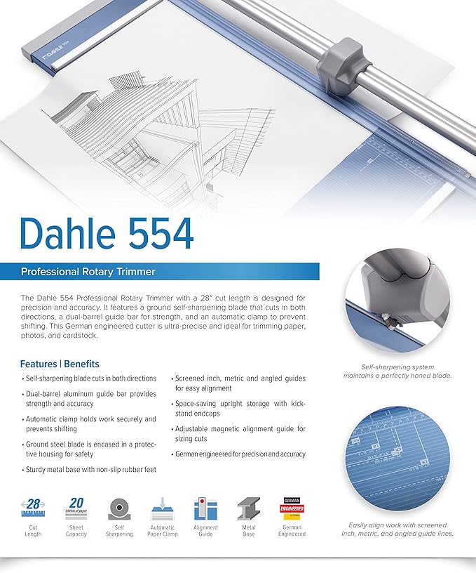 Dahle 554 Professional Rotary Trimmer, 28" Cut Length, 20 Sheet Capacity, Self-Sharpening, Dual Guide Bar, Automatic Clamp, German Engineered Paper Cutter-DeskLoop Office