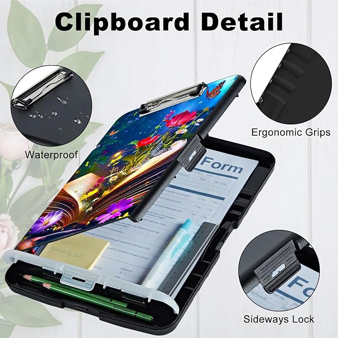 Book Flower A4 Clipboard with Storage Pen Holder, Clipboards Organizer Nursing - Image 4