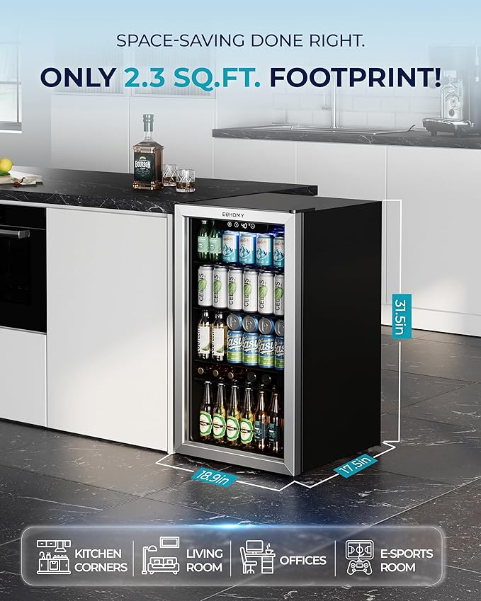EUHOMY Beverage Refrigerator and Cooler, 128 Can Mini fridge with Glass Door, Small Refrigerator with Adjustable Shelves for Soda Beer or Wine, Perfect for Home/Bar/Office, Silver-DeskLoop Office