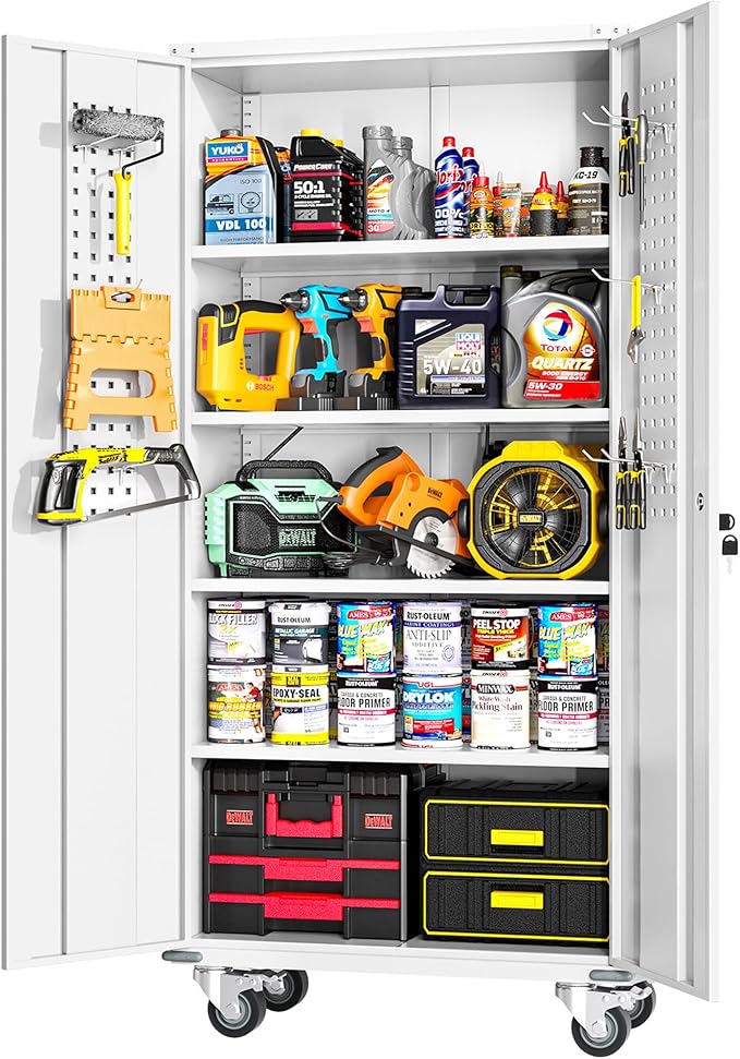 Greenvelly 72" Metal Storage Cabinet with Wheel and Pegboard, Lockable White Metal Garage Cabinets with 2 Doors and 4 Adjustable Shelves, Rolling Steel Tool Cabinet for Garage, Home Office, School-DeskLoop Office