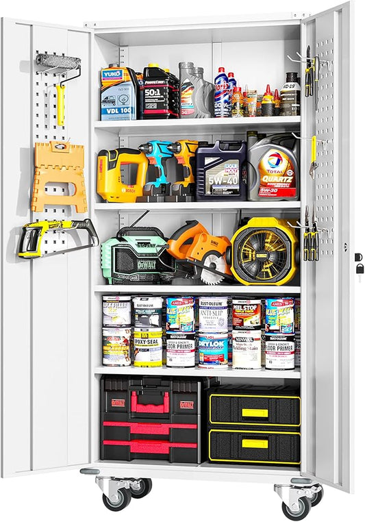 Greenvelly 72" Metal Storage Cabinet with Wheel and Pegboard, Lockable White Metal Garage Cabinets with 2 Doors and 4 Adjustable Shelves, Rolling Steel Tool Cabinet for Garage, Home Office, School-DeskLoop Office