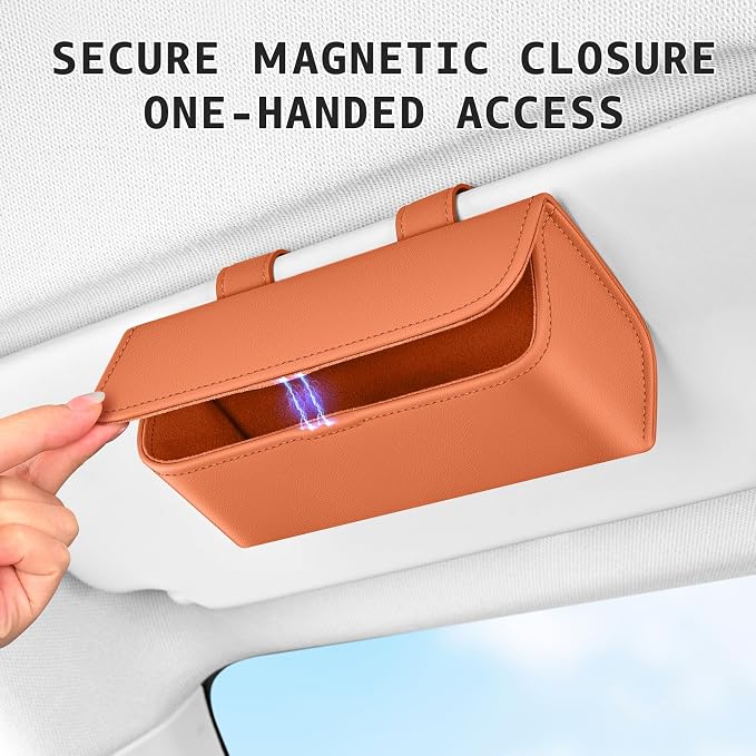 Magnetic Sunglasses Holder for Car Visor, PU Leather Clip, One-Handed Access - Image 2