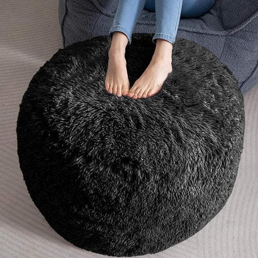 HIGOGOGO Round Stuffed Pouf Ottoman, Long Faux Fur Poufs with Foam Chunk Filling, Fluffy and Furry Pouf Foot Stool Storage Ottoman, 26 X 18 Floor Poufs Foot Rest for Living Room, Black-DeskLoop Office