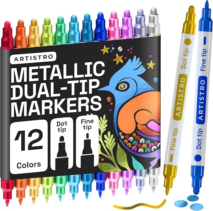 ARTISTRO 12 Metallic Dual-Tip Acrylic Paint Markers – Paint Pens Set by ARTISTRO