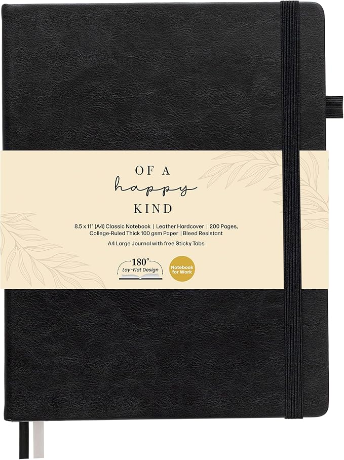 Classic Lined Journal Notebook 8.5x11" A4 Hardcover Leather - Black - 200 Pages College Ruled Large with Sticky Tabs, Pockets, and Pen Loop for Writing and Journaling - Big Hardback Men and Women-DeskLoop Office