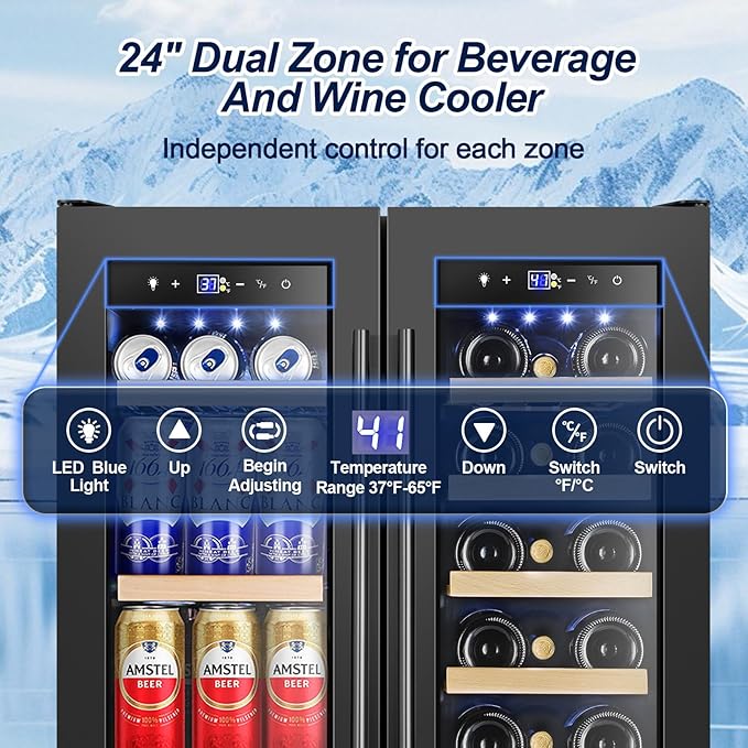 Wine and Beverage Refrigerator with Glass Door, 24-Inch Dual Zone Wine Fridge Under-Counter,4.6 Cu.Ft. 65 Cans and 20 Bottles Wine Cooler,Built-in or Freestanding Wine and Drink Fridge with Blue Light-DeskLoop Office