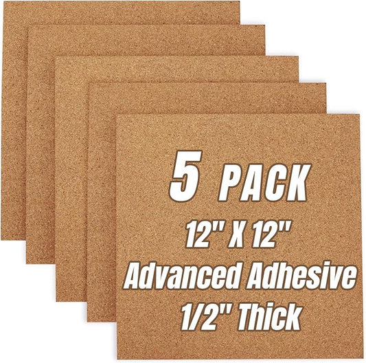 Cork Board Tiles 12"x12" - 1/2" Thick 5 Pack Cork Board Square Bulletin Boards Self Adhesive Corkboards for Walls Pin Boards Corkboards for Office Home School Decor-DeskLoop Office
