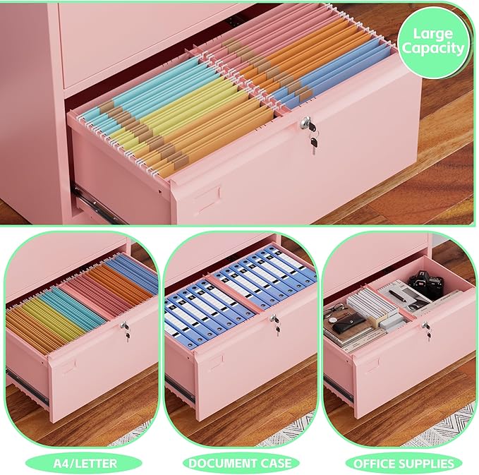 Metal 2 Drawer Lateral File Cabinet with 2 Lock - Wide Filing Cabinet for Letter/Legal/F4/A4 Hanging Files - Includes Business Card Holder,Home Office School Storage,Pink-DeskLoop Office