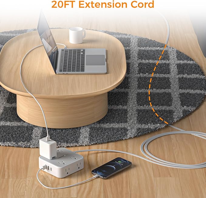 Flat Plug 20 FT Long Extension Cord, TESSAN Ultra Thin Power Strip Surge Protector with 8 AC Outlets, 900J, 3 USB Charger(1 USB C), Multi Port Charging Station for Home, Office, Dorm Room Essentials-DeskLoop Office