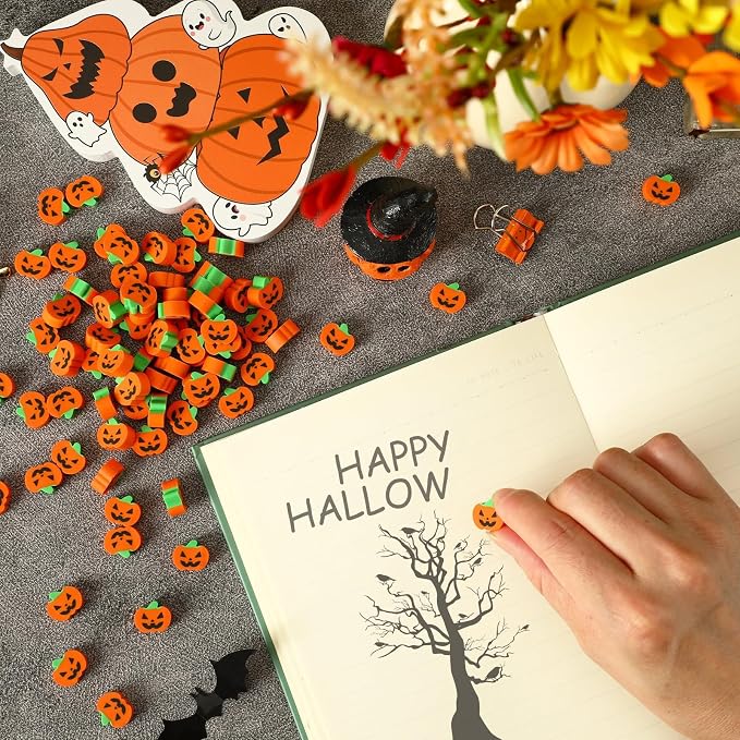 JUNEBRUSHS 150 Pcs Halloween Mini Erasers, Cute Small Pumpkin Erasers Bulk | - Image 3