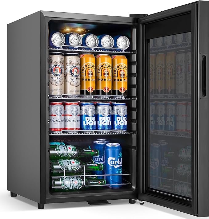 Beverage Refrigerator Cooler, 17 Inch 120 Cans Freestanding Mini Fridge with Glass Door, Adjustable Shelves and LED Light, Small Drink Fridge Counter-top Beer Fridge for Bedroom Office Bar-DeskLoop Office