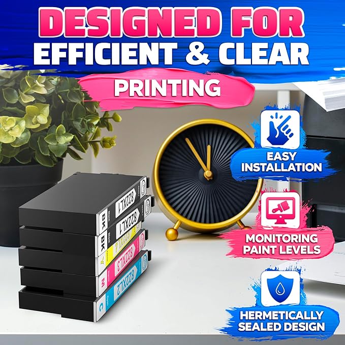 Reluen 5-Pcs 822XL Printer Ink Cartridges – High Capacity 2 Black & 3 Standard Color Combo Pack – Easy to Install and Compatible with WF-3820, WF-3823, WF-4820, WF-4830, WF-4833, WF-4834 Printers-DeskLoop Office