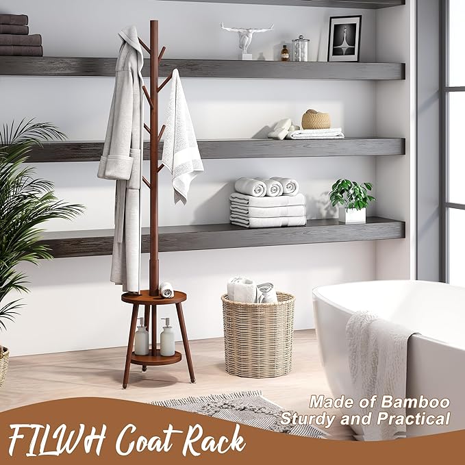FILWH Freestanding Coat Rack with Umbrella Organizer Tray Bamboo Coat Tree Rack with 8 Hook Stand for Clothes Bag Hats Entryway Hanger Stand(Brown)-DeskLoop Office