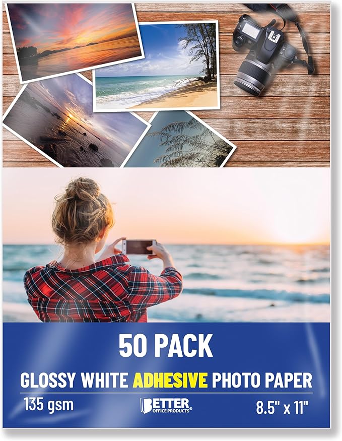 Better Office Products Self-Adhesive Photo Paper, Sticky Photo Paper, Glossy, 8.5 x 11 Inch, 50 Sheets, 135 gsm, Letter Size, 50-Count Pack-DeskLoop Office