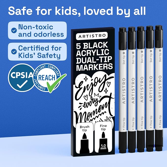 ARTISTRO 5 Black Dual-Tip Acrylic Paint Markers – Paint Pens Set - Image 6