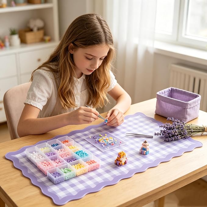 yuboo Scalloped Purple White Gingham Desk Mat, Grid Checkered Desktop Pad - Image 6
