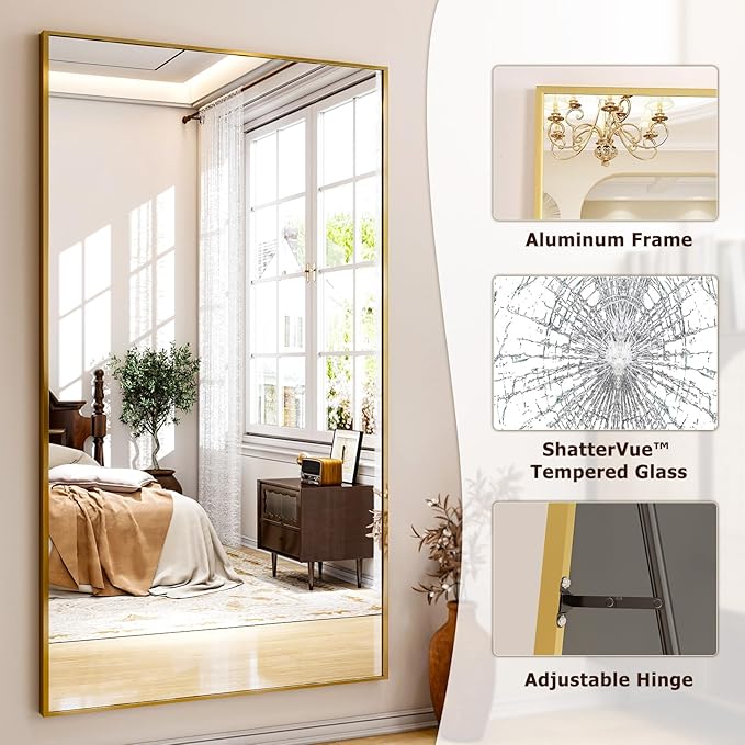 Full Length Mirror with Stand 38"x77" Full Body Mirror Floor Mirror Standing Hanging or Leaning Wall, Wall Mirror with Stand Aluminum Alloy Frame for Living Room Bedroom Cloakroom,Gold-DeskLoop Office