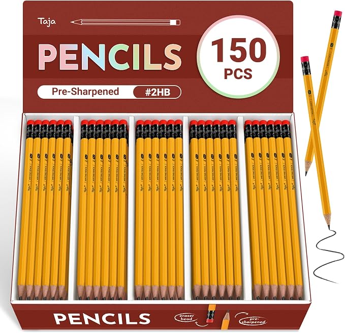 Taja 150 Pack #2 HB Pencils, Bulk Pre-Sharpened Wood-Cased Pencils by Taja