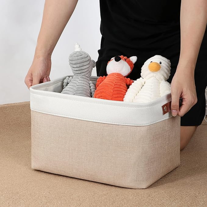 DULLEMELO Fabric Storage Bins, Storage Baskets for Organizing, Collapsible Rectangular Fabric Baskets for Shelves, Empty Gift Baskets (3-Pack Medium-15 inch X 11 inch X 9.5 inch , White&Khaki)-DeskLoop Office
